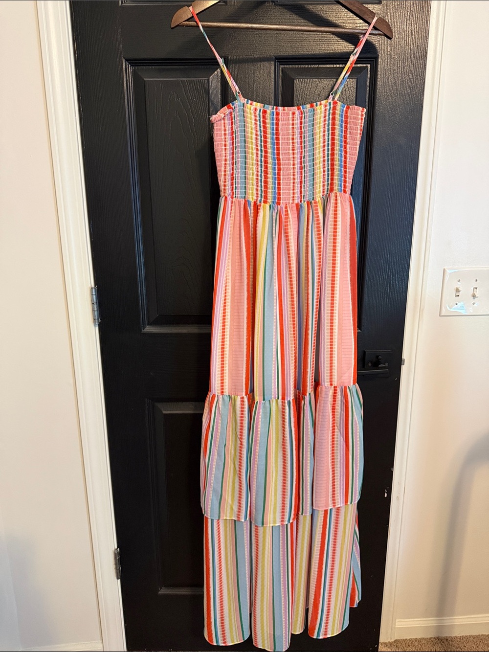 Jack by BB Dakota Women’s Coral Multi-Stripe Smocked Maxi Dress